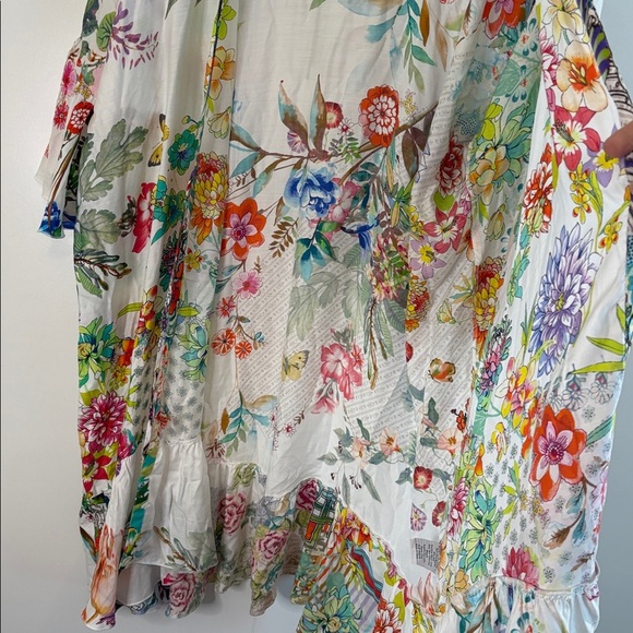 Johnny Was Gorgeous Pink and Blue Floral Kimono with Tie Front, Ruffles - Picture 10 of 11
